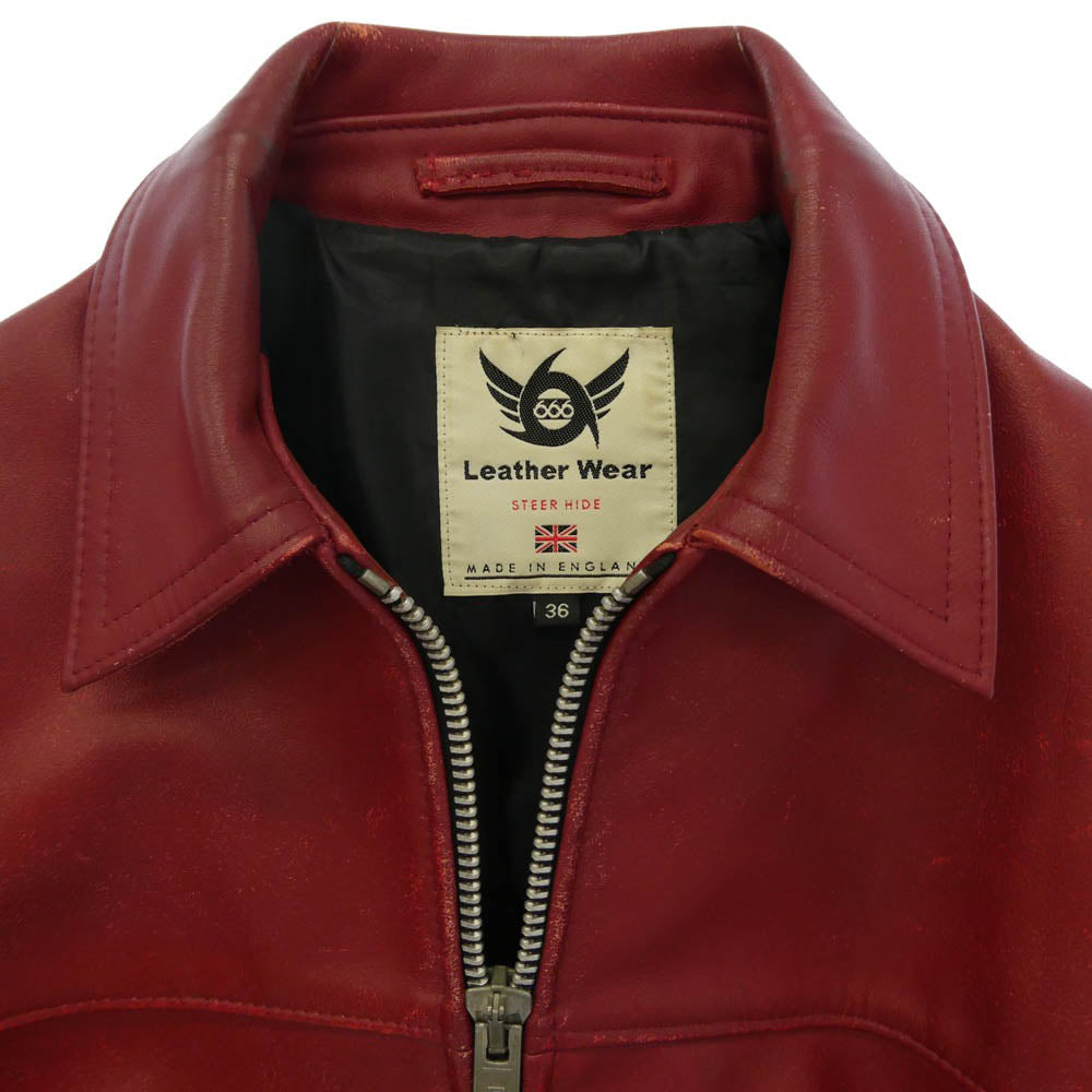 トリプルシックス STEER HIDE イギリス製 ステアハイド レザー シングル ライダース センタージップ ジャケット ボルドー レッド系 36【中古】