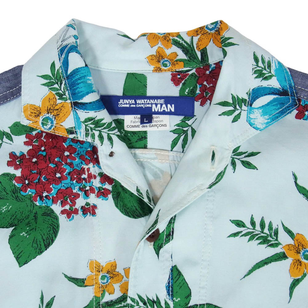 JUNYA WATANABE COMME des GARCONS MAN ジュンヤワタナベコムデギャルソンマン 14SS WM-B021 AD2013 レーヨン リネン ボタニカル柄 半袖 アロハ シャツ ライトブルー系 L【中古】