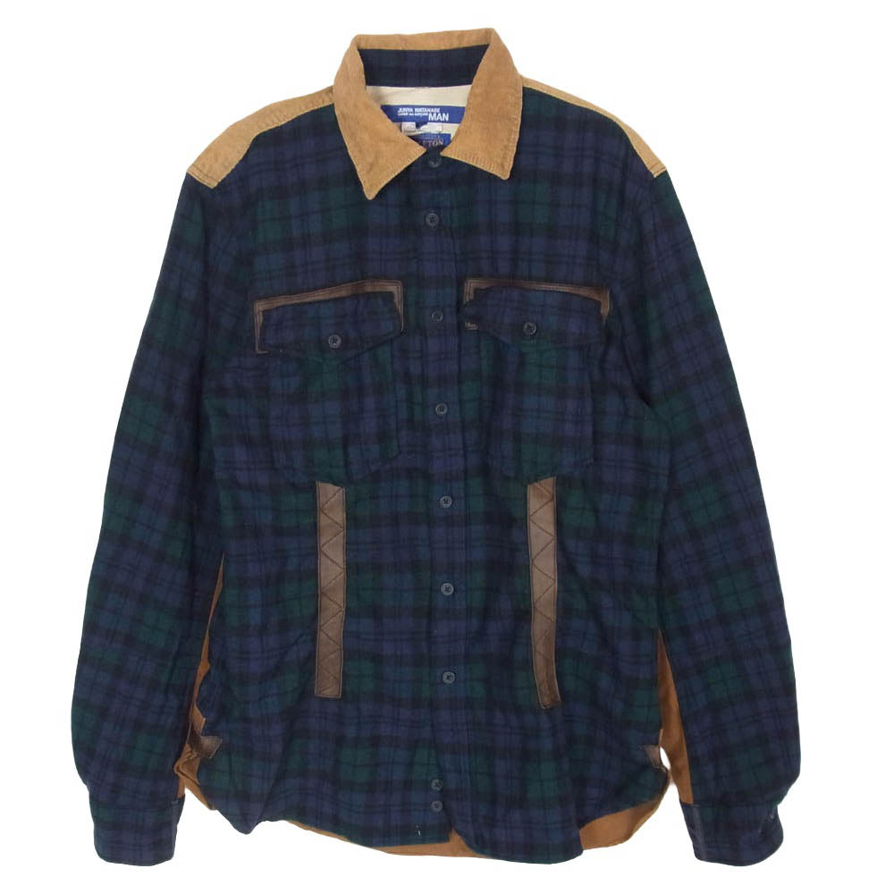 JUNYA WATANABE COMME des GARCONS MAN ジュンヤワタナベコムデギャルソンマン PENDLETON ペンドルトン WD-B301 × PENDLETON ペンドルトン AD2009 コーデュロイ チェック レザー 長袖 シャツ グリーン系 L【中古】