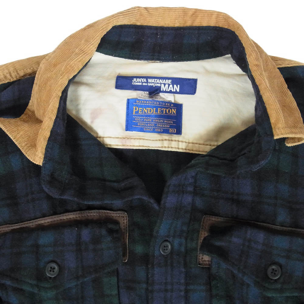 JUNYA WATANABE COMME des GARCONS MAN ジュンヤワタナベコムデギャルソンマン PENDLETON ペンドルトン WD-B301 × PENDLETON ペンドルトン AD2009 コーデュロイ チェック レザー 長袖 シャツ グリーン系 L【中古】