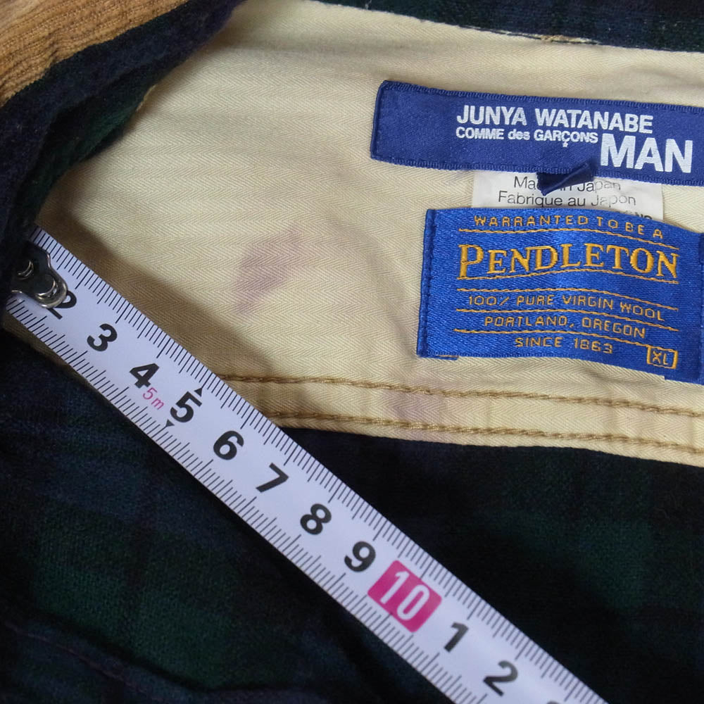 JUNYA WATANABE COMME des GARCONS MAN ジュンヤワタナベコムデギャルソンマン PENDLETON ペンドルトン WD-B301 × PENDLETON ペンドルトン AD2009 コーデュロイ チェック レザー 長袖 シャツ グリーン系 L【中古】