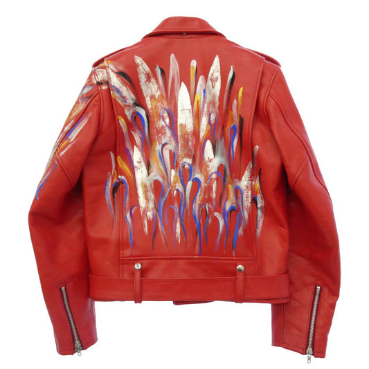 COMME des GARCONS HOMME HOMME コムデギャルソンオムオム 01AW IC-J070 オムオム フレイムペイント レザー ダブルライダース ジャケット レッド系【中古】