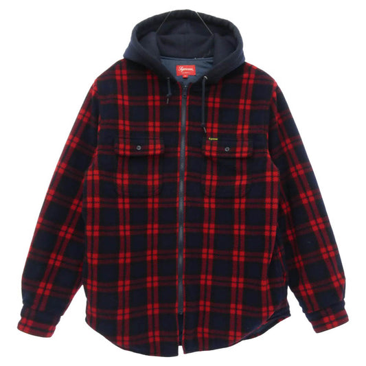 Supreme シュプリーム 18AW Hooded Plaid Work Shirt フーデッド プレイド ワーク シャツ フリース キルティング チェック フード ジップ ジャケット レッド系 ネイビー系 M【中古】