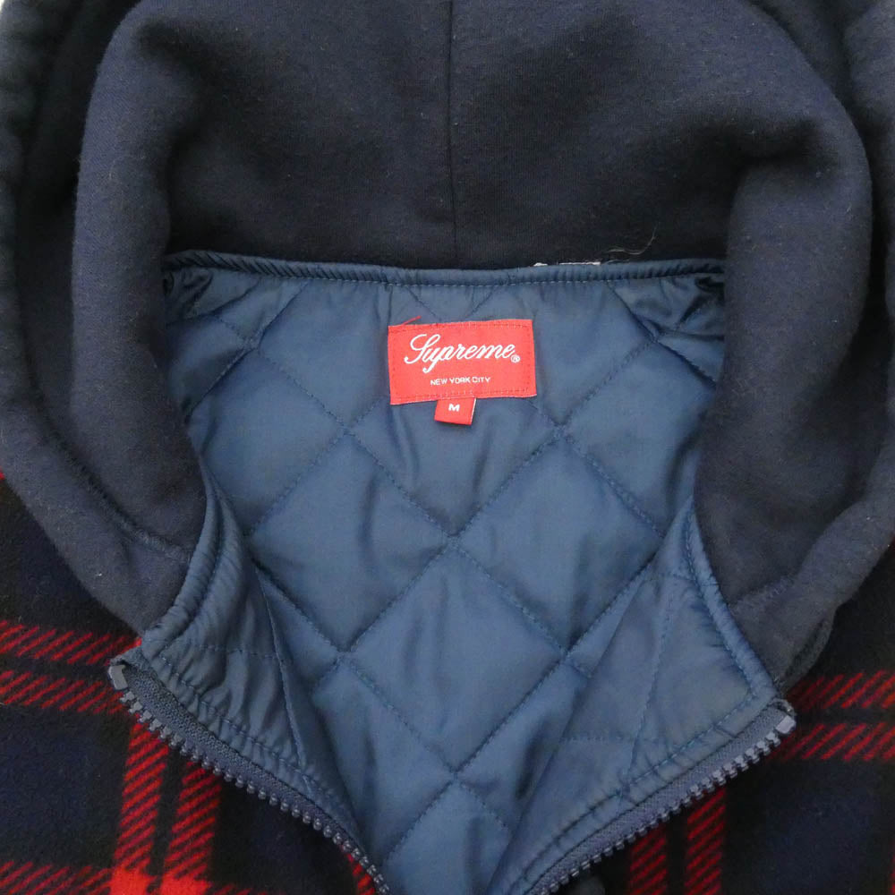 Supreme シュプリーム 18AW Hooded Plaid Work Shirt フーデッド プレイド ワーク シャツ フリース キルティング チェック フード ジップ ジャケット レッド系 ネイビー系 M【中古】