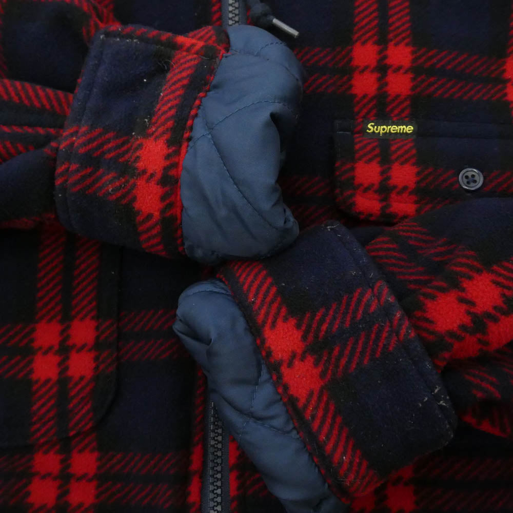 Supreme シュプリーム 18AW Hooded Plaid Work Shirt フーデッド プレイド ワーク シャツ フリース キルティング チェック フード ジップ ジャケット レッド系 ネイビー系 M【中古】