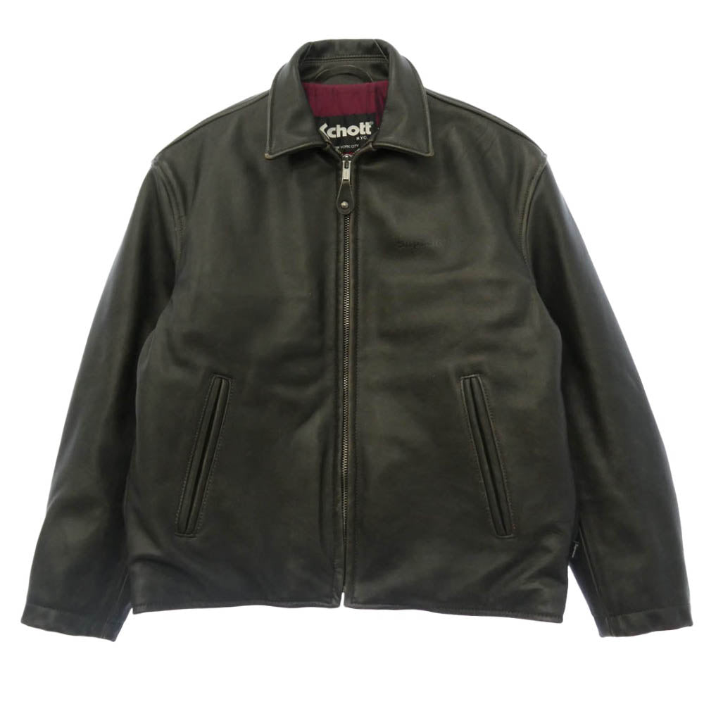 Supreme シュプリーム 25AW × Schott Leather Racer Jacket ショット エンボス ロゴ カウ レザー レーサー ジャケット 襟付 シングルライダース ジャケット 牛革 M ブラック系 M【中古】