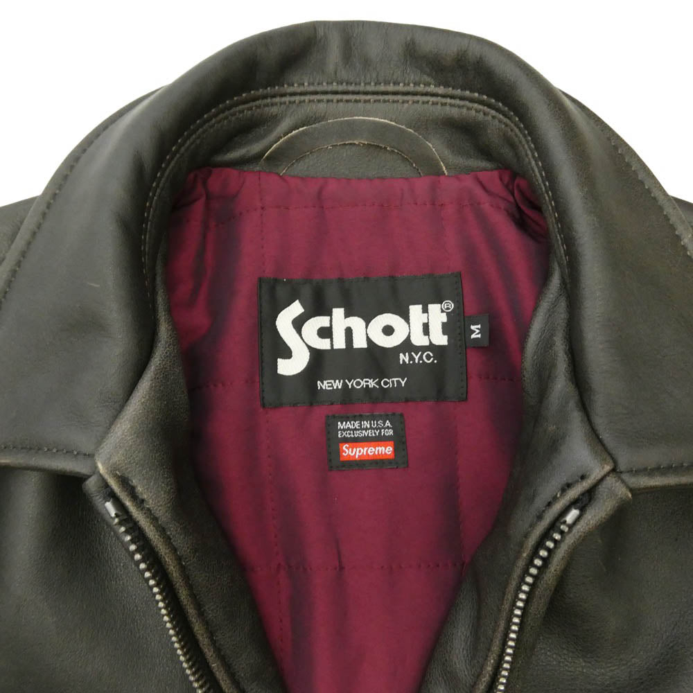 Supreme シュプリーム 25AW × Schott Leather Racer Jacket ショット エンボス ロゴ カウ レザー レーサー ジャケット 襟付 シングルライダース ジャケット 牛革 M ブラック系 M【中古】