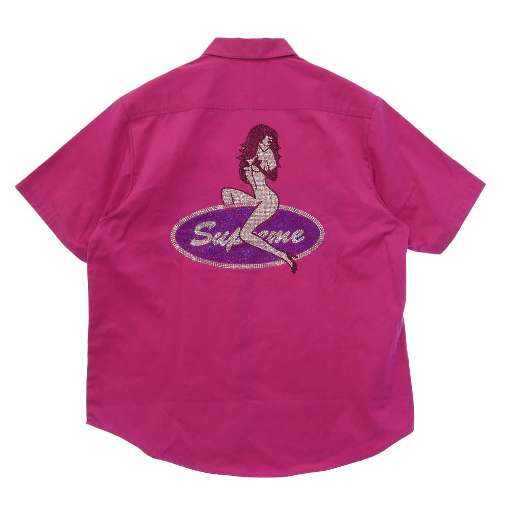 Supreme シュプリーム 25SS Rhinestone Pin Up S/S Work Shirt ラインストーン ピンナップ ショートスリーブ 半袖 ワークシャツ ピンク系 M【美品】【中古】