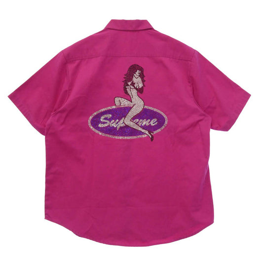Supreme シュプリーム 25SS Rhinestone Pin Up S/S Work Shirt ラインストーン ピンナップ ショートスリーブ 半袖 ワークシャツ ピンク系 M【美品】【中古】