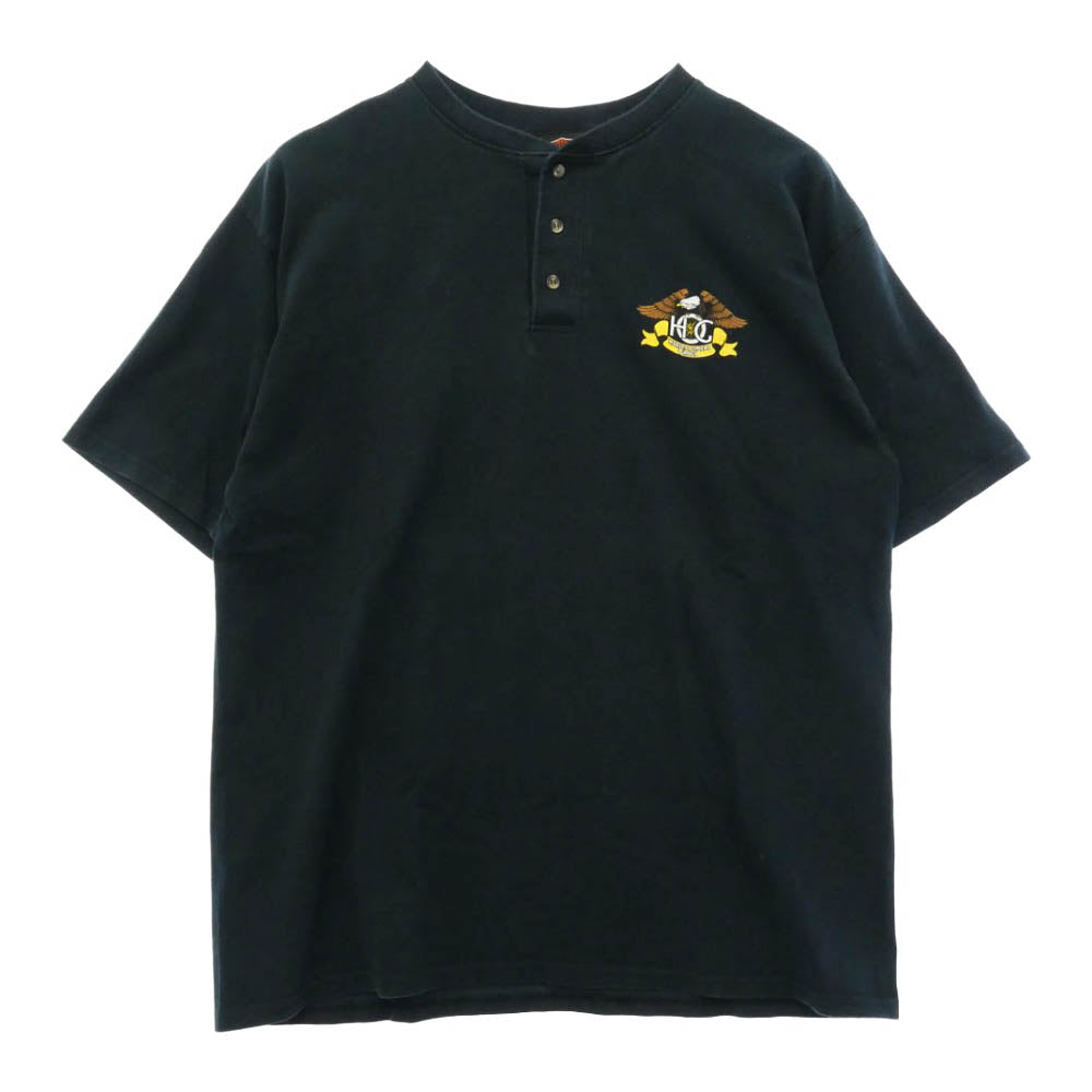 ヴィンテージ Harley Davidson ハーレー プリント ヘンリーネック Tシャツ 半袖 カットソー ブラック系 ダークネイビー系 XL【中古】