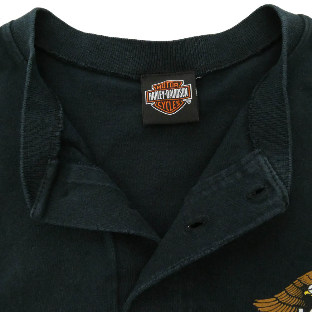 ヴィンテージ Harley Davidson ハーレー プリント ヘンリーネック Tシャツ 半袖 カットソー ブラック系 ダークネイビー系 XL【中古】