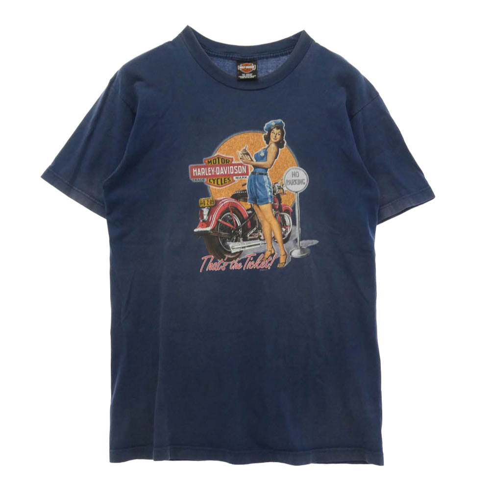 ヴィンテージ Harley Davidson ハーレー ピンナップ ガール プリント Tシャツ 半袖 カットソー ネイビー系 M【中古】