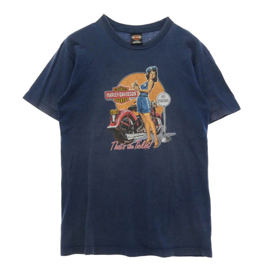 ヴィンテージ Harley Davidson ハーレー ピンナップ ガール プリント Tシャツ 半袖 カットソー ネイビー系 M【中古】