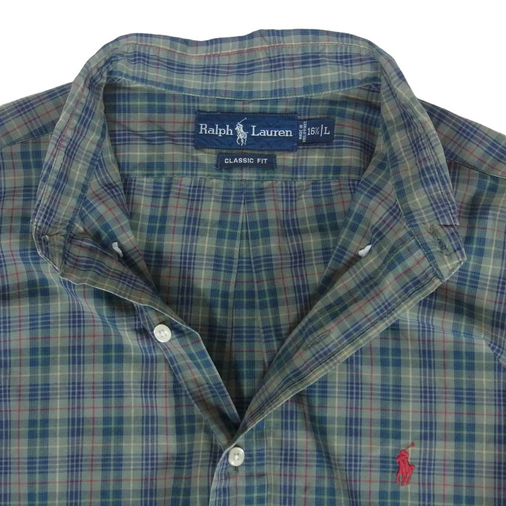 POLO RALPH LAUREN ポロ・ラルフローレン CLASSIC FIT クラシックフィット チェック ボタンダウン 長袖 シャツ モスグリーン系 L【中古】