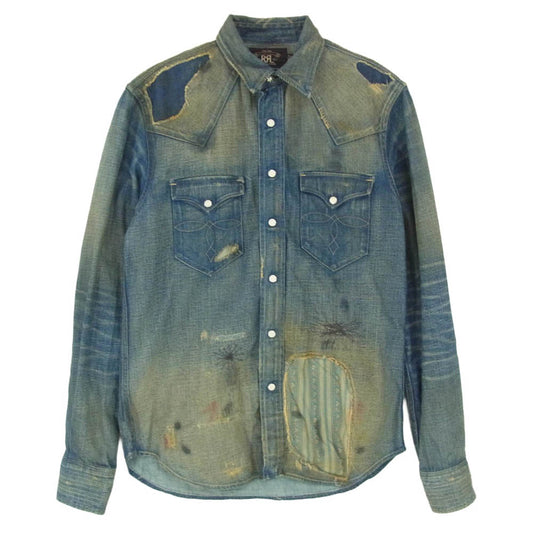 RRL ダブルアールエル リペア加工 MONTANA デニム 長袖 ロングスリーブ ウエスタン シャツ インディゴブルー系 3【中古】