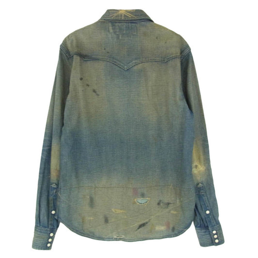 RRL ダブルアールエル リペア加工 MONTANA デニム 長袖 ロングスリーブ ウエスタン シャツ インディゴブルー系 3【中古】