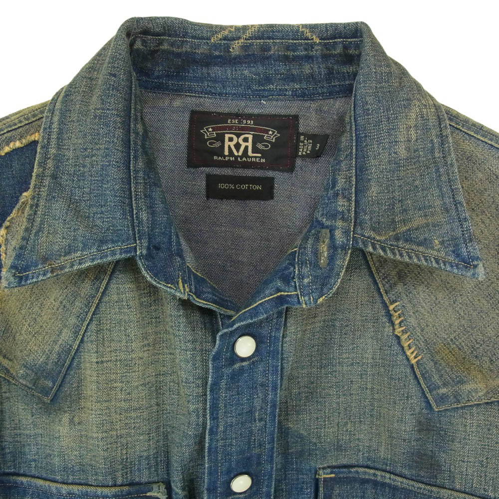 RRL ダブルアールエル リペア加工 MONTANA デニム 長袖 ロングスリーブ ウエスタン シャツ インディゴブルー系 3【中古】