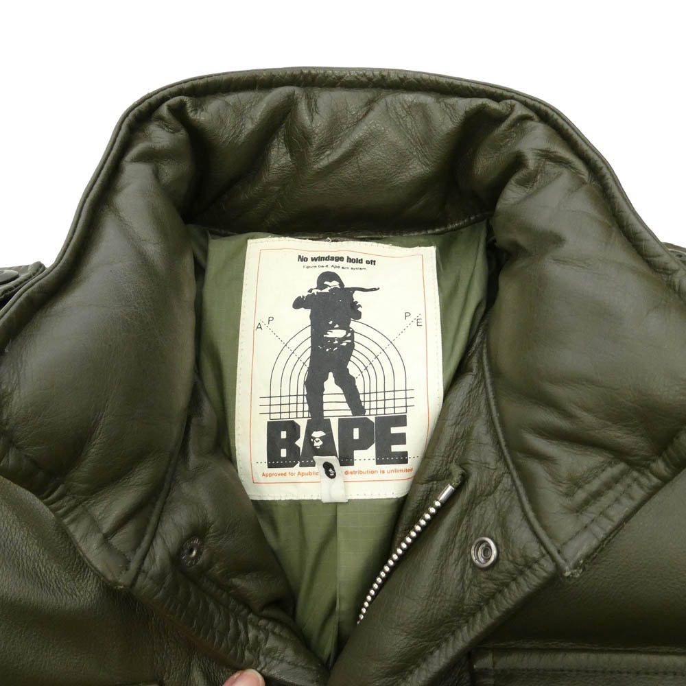 A BATHING APE アベイシングエイプ 90s OLD 初期タグ カウハイド M-65 レザーダウンジャケット グリーン系 L【中古】