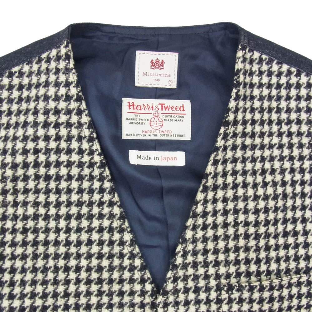 ミツミネ Harris Tweed ハリスツイード ジレ ベスト ハウンドトゥース 千鳥格子 ネイビー系 L【中古】