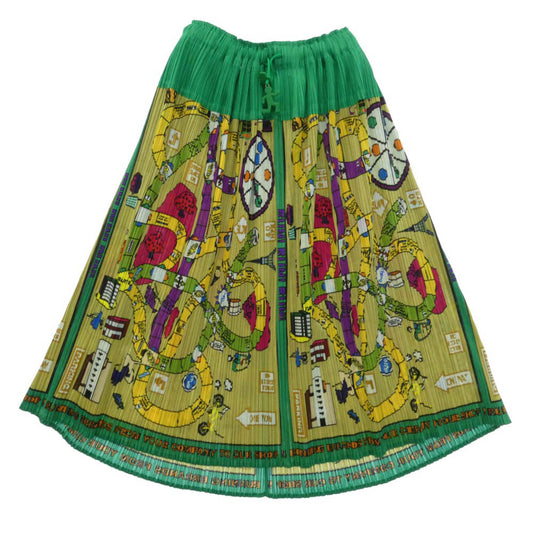 PLEATS PLEASE プリーツプリーズ イッセイミヤケ 07AW PP73-JG625 プリーツ加工 BOARD GAME PICTOGRAM 総柄 スカート グリーン系 3【中古】