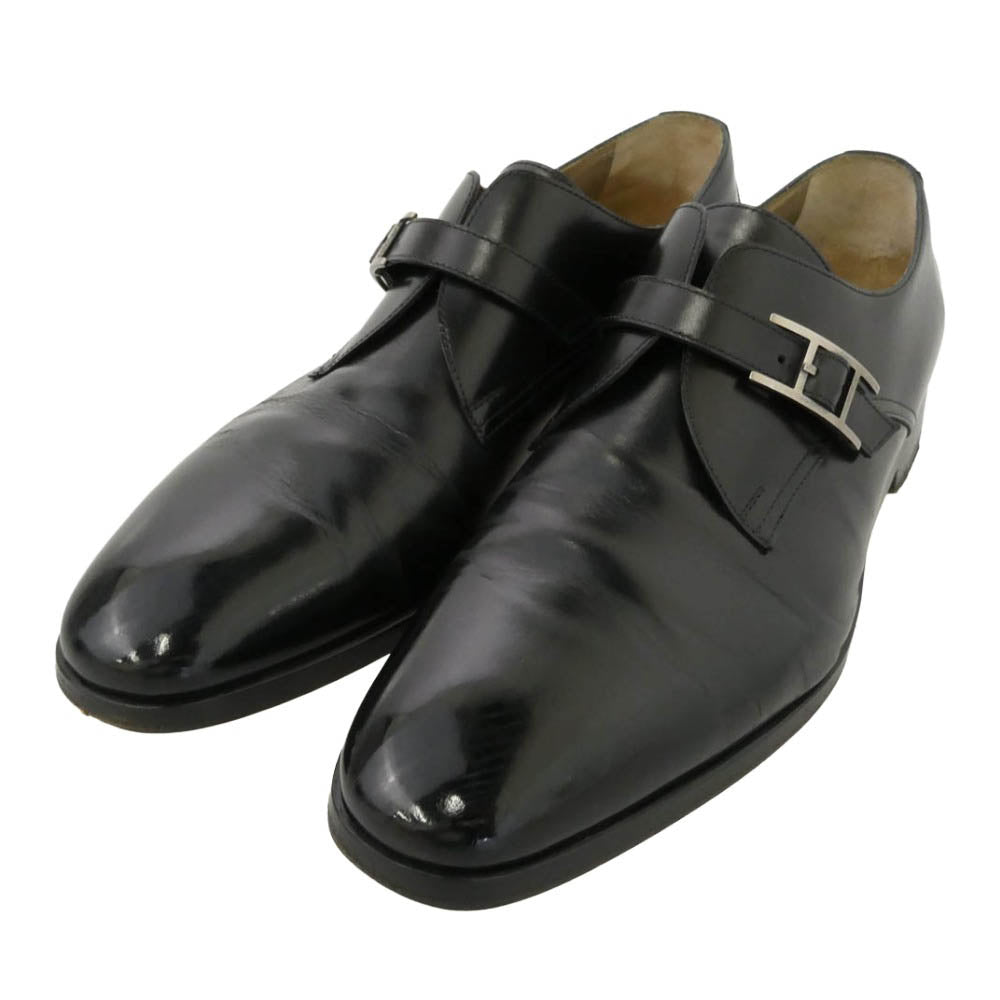 HERMES エルメス Hバックル モンクストラップ レザー シューズ ブラック系 42.5【中古】