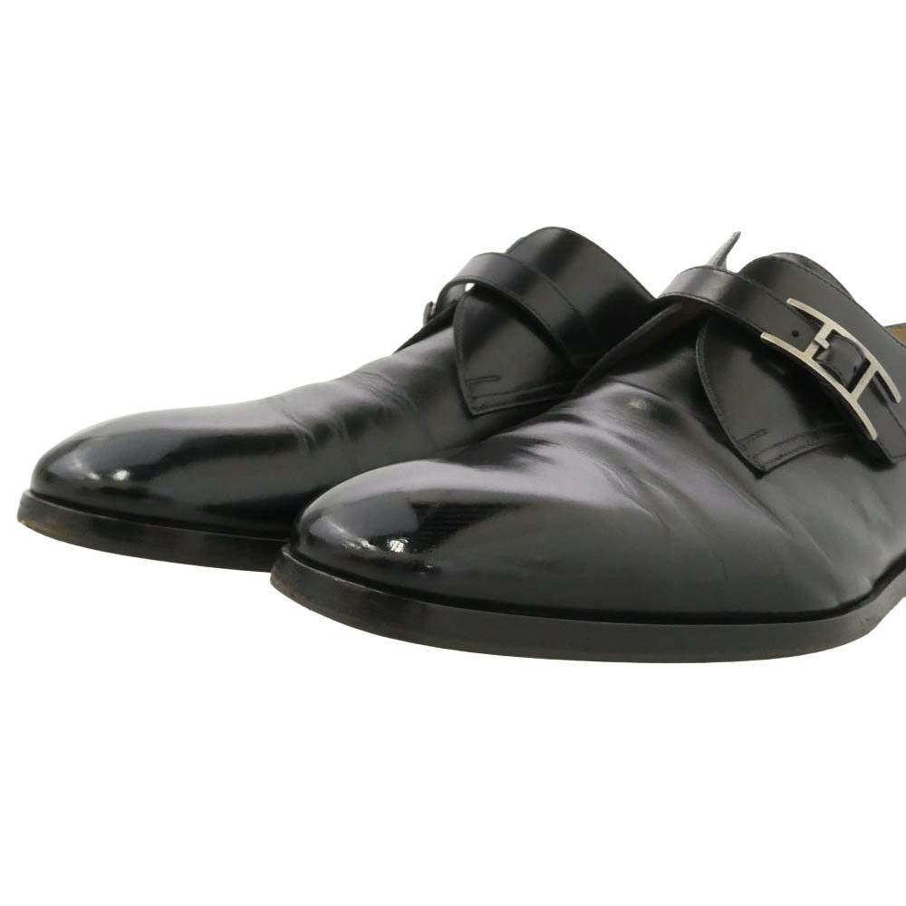 HERMES エルメス Hバックル モンクストラップ レザー シューズ ブラック系 42.5【中古】