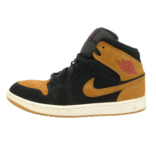 NIKE ナイキ HV4091-002 AIR JORDAN 1 MID SE BLACK/FLAX-VARSITY RED-SAIL エアジョーダン1 ミッド SE ブラック フラックス バーシティレッド セイル スニーカー ブラック系 ライトブラウン系 28cm【中古】