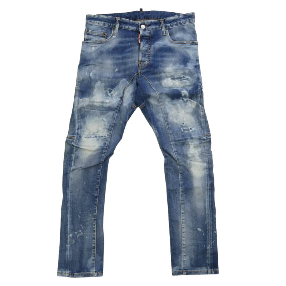 DSQUARED2 ディースクエアード 22AW S74LB1179 S30789 TIDY BIKER JEAN HAVE A DAN タイディ バイカー ブリーチ加工 ロゴパッチ スキニー スリム テーパード デニム パンツ ジーンズ インディゴブルー系 48【中古】