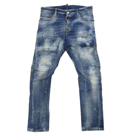 DSQUARED2 ディースクエアード 22AW S74LB1179 S30789 TIDY BIKER JEAN HAVE A DAN タイディ バイカー ブリーチ加工 ロゴパッチ スキニー スリム テーパード デニム パンツ ジーンズ インディゴブルー系 48【中古】