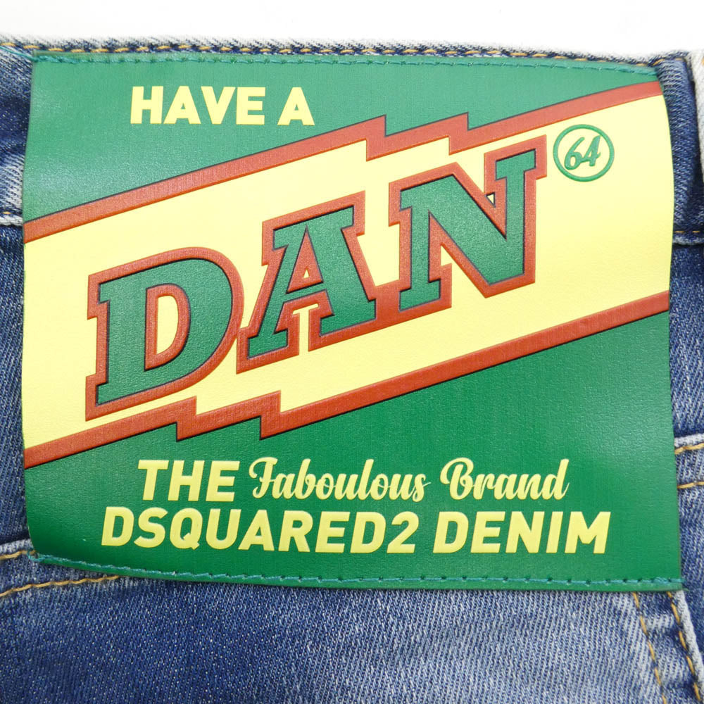 DSQUARED2 ディースクエアード 22AW S74LB1179 S30789 TIDY BIKER JEAN HAVE A DAN タイディ バイカー ブリーチ加工 ロゴパッチ スキニー スリム テーパード デニム パンツ ジーンズ インディゴブルー系 48【中古】
