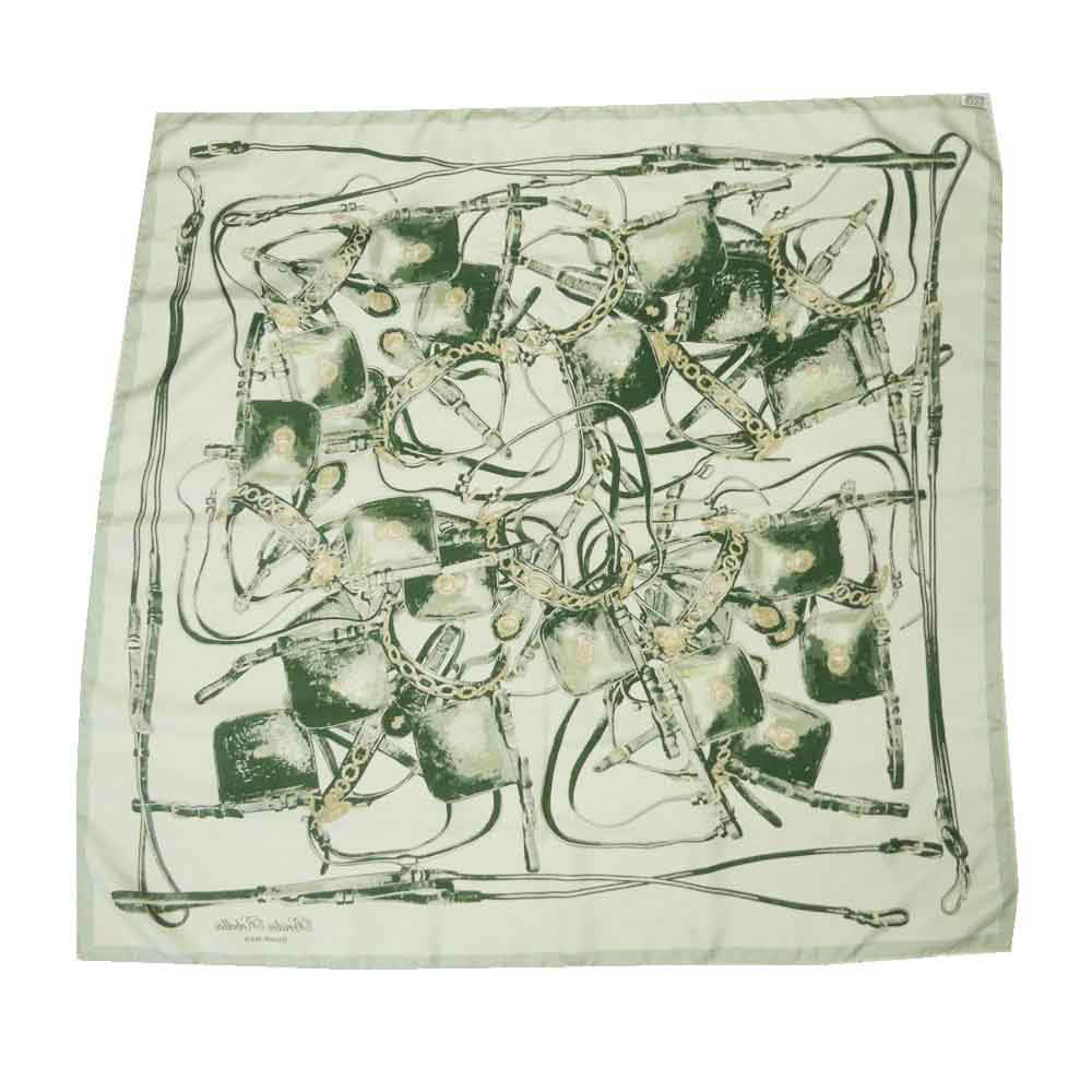 HERMES エルメス Brides Rebelles カレ90 馬具の抵講 シルク 大判 スカーフ グリーン系【中古】