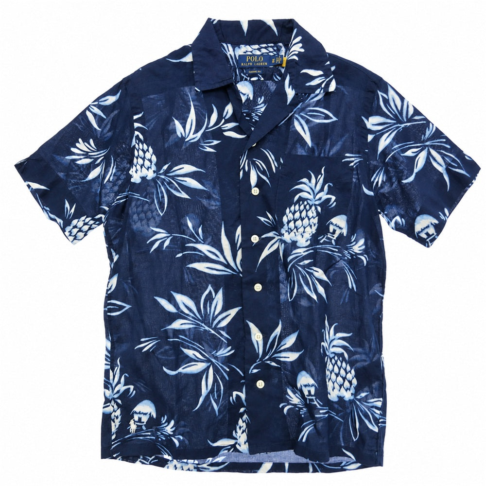 POLO RALPH LAUREN ポロ・ラルフローレン PINEAPPLE PRINT CAMP SHIRTS パイナップル 半袖 開襟 オープンカラー アロハ シャツ ネイビー系 XS【中古】