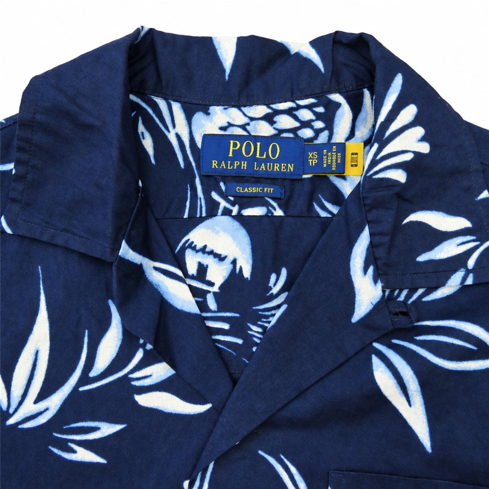 POLO RALPH LAUREN ポロ・ラルフローレン PINEAPPLE PRINT CAMP SHIRTS パイナップル 半袖 開襟 オープンカラー アロハ シャツ ネイビー系 XS【中古】