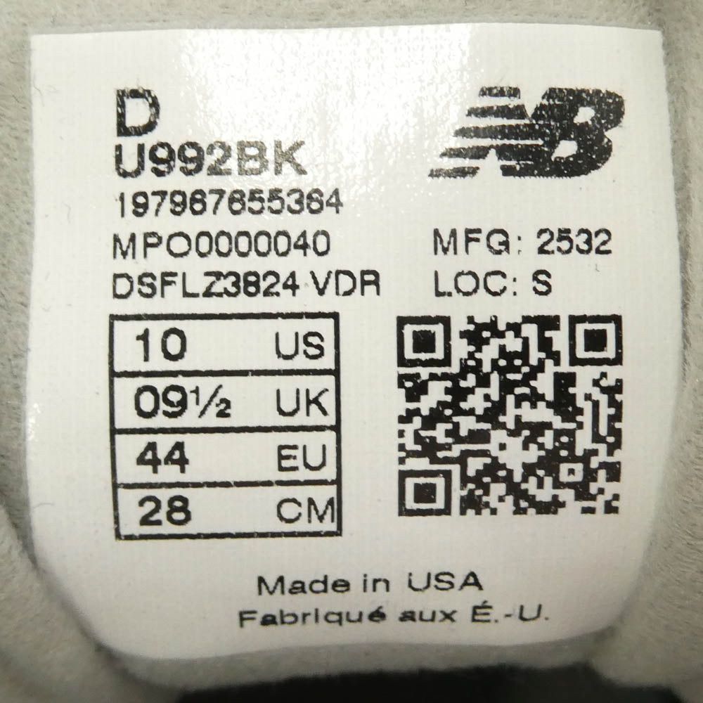NEW BALANCE ニューバランス U992BK USA製 992 スエード メッシュ ローカット スニーカー ブラック系 28cm【極上美品】【中古】