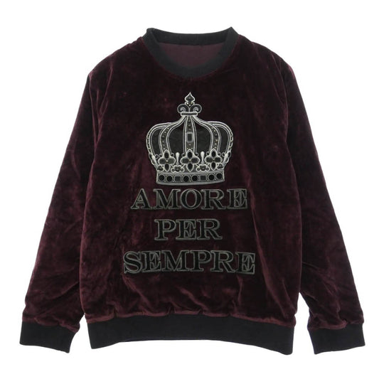 DOLCE&GABBANA ドルチェアンドガッバーナ 15AW AMORE PER SEMPRE クラウン ベルベット クルーネック スウェット トレーナー エンジ系 52【中古】