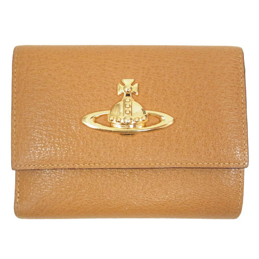Vivienne Westwood ヴィヴィアンウエストウッド オーブ メタル ロゴ 三つ折り レザー ミニ ウォレット 財布 ブラウン系【中古】