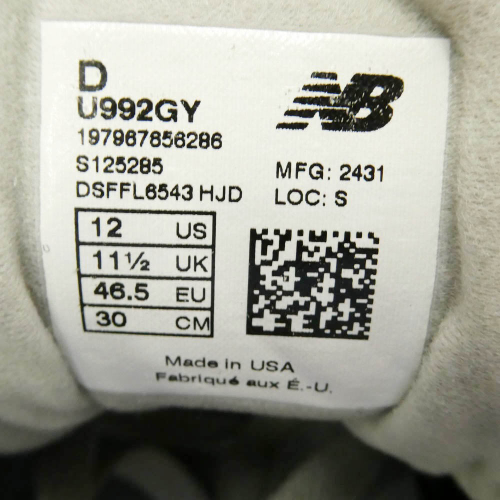 NEW BALANCE ニューバランス U992GY Made in USA 992 Core スエード メッシュ ローカット スニーカー グレー系 チャコール系 30cm【新古品】【未使用】【中古】
