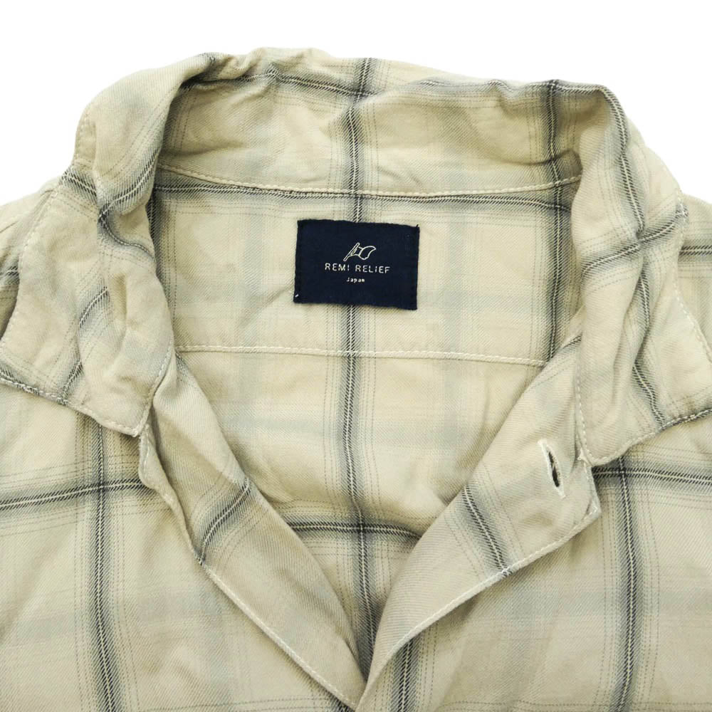 REMI RELIEF レミレリーフ レーヨン100％ チェック柄 オープンカラー 長袖 シャツ グレー系 ベージュ系 M【中古】