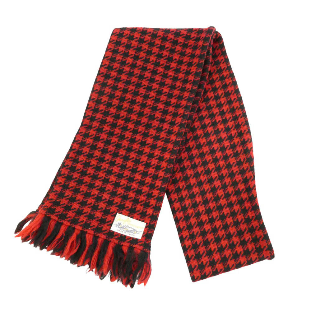 ジーアンドエフ WOOL SCARF HOUNDSTOOTH 千鳥柄 ウール フリンジ ニッティング マフラー スカーフ ブラック系 レッド系【美品】【中古】
