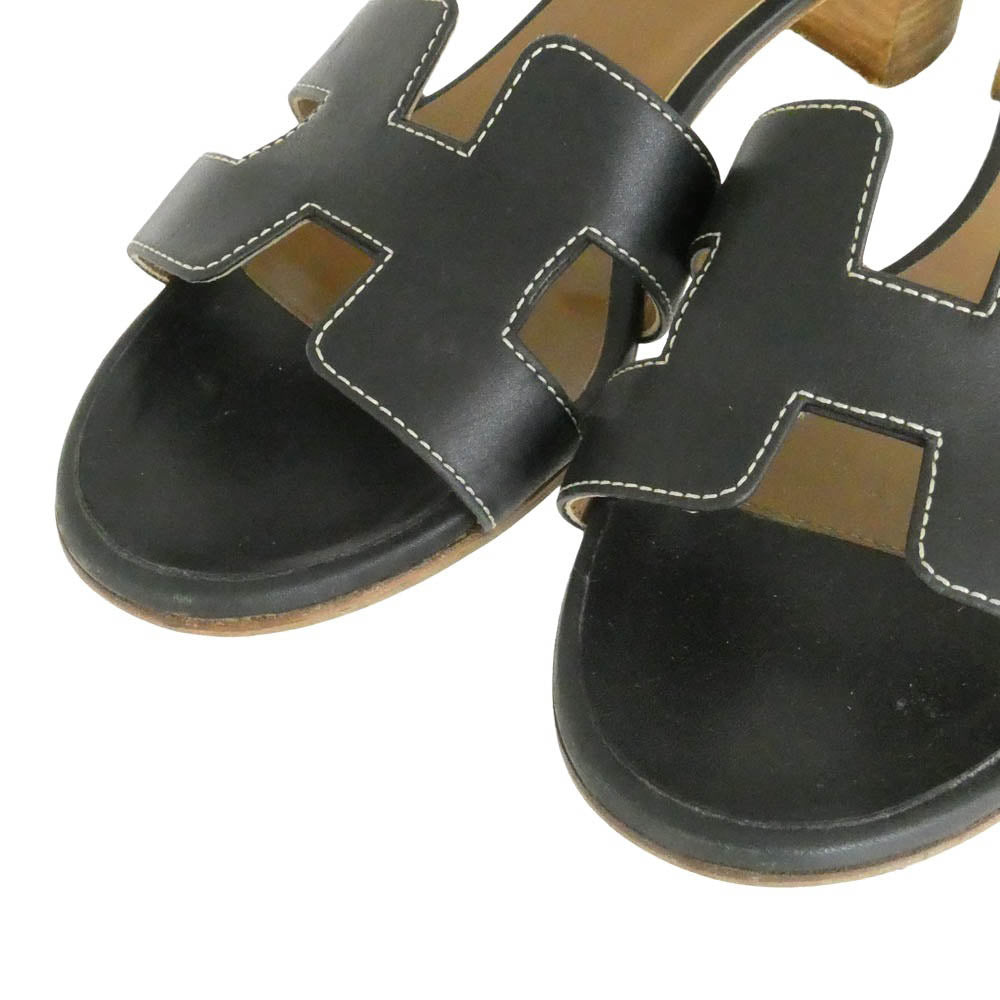 HERMES エルメス OASIS オアジス レザー ヒール サンダル ブラック系 36.5【中古】