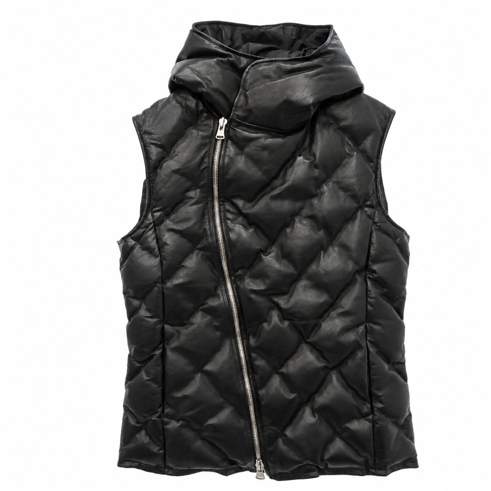 ISAMUKATAYAMA BACKLASH イサムカタヤマバックラッシュ 2031-01 POLISH WHITE GOOSE DOWN VEST MONOCHROME LUXURY STEER 0.6mm ステアハイド レザー ホワイトグースダウン フーデッド フード ベスト ブラック系 XL【中古】