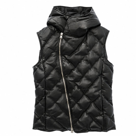 ISAMUKATAYAMA BACKLASH イサムカタヤマバックラッシュ 2031-01 POLISH WHITE GOOSE DOWN VEST MONOCHROME LUXURY STEER 0.6mm ステアハイド レザー ホワイトグースダウン フーデッド フード ベスト ブラック系 XL【中古】