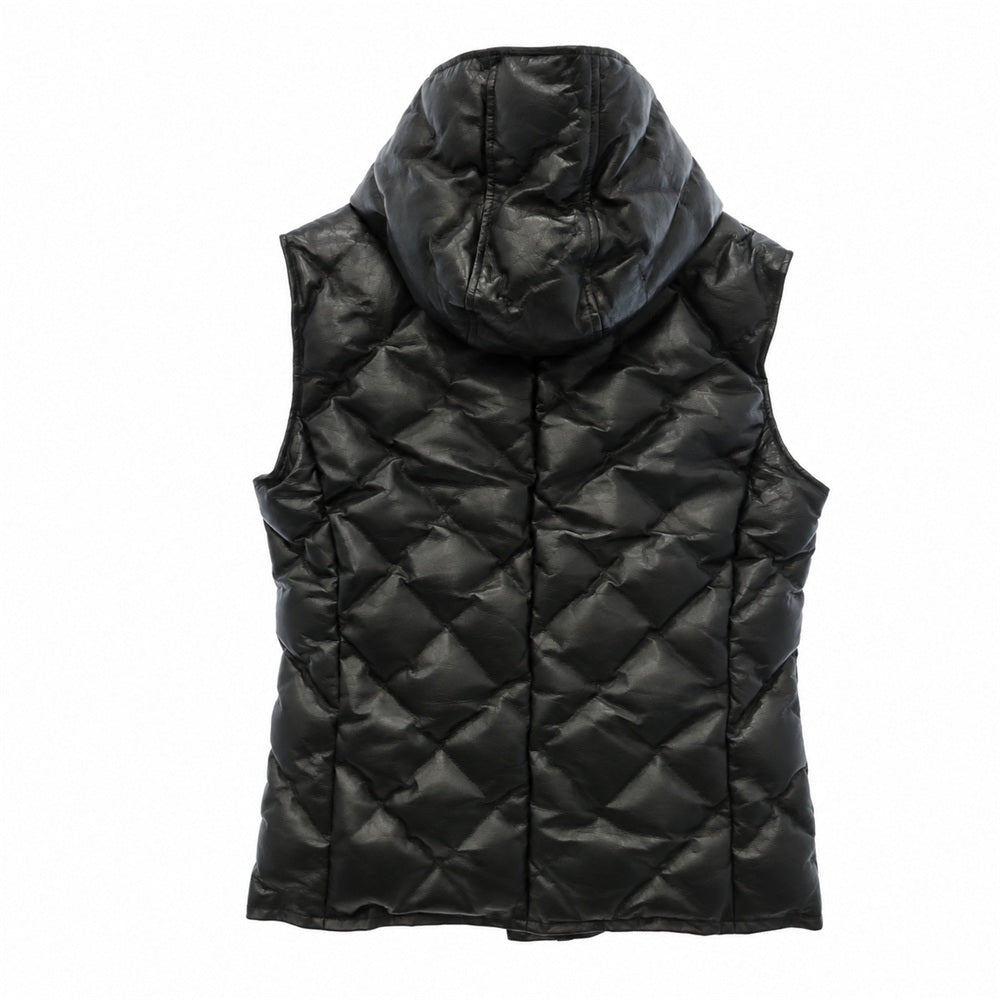 ISAMUKATAYAMA BACKLASH イサムカタヤマバックラッシュ 2031-01 POLISH WHITE GOOSE DOWN VEST MONOCHROME LUXURY STEER 0.6mm ステアハイド レザー ホワイトグースダウン フーデッド フード ベスト ブラック系 XL【中古】