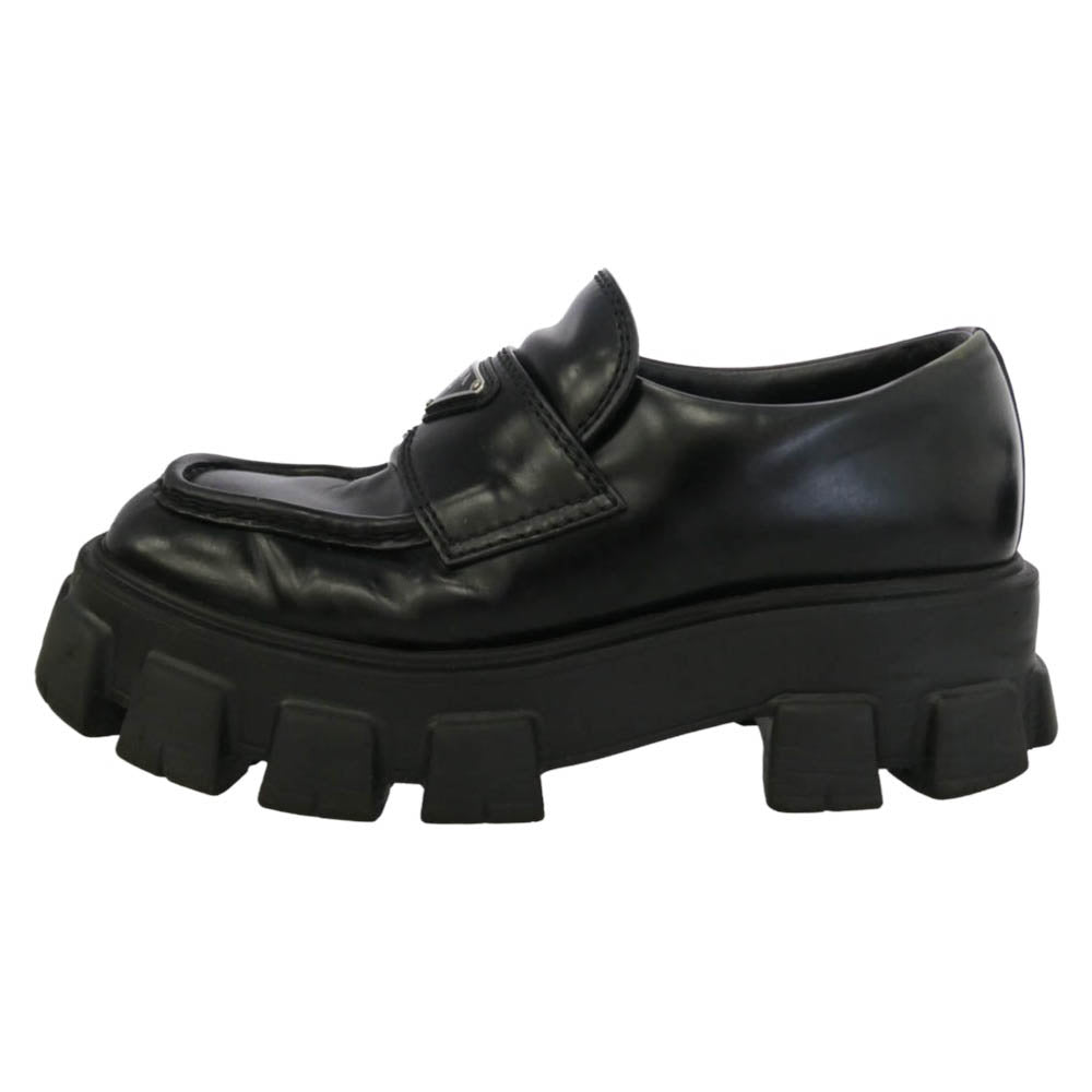 PRADA プラダ 2DE129 MONOLITH BRUSHED LEATHER LOAFERS モノリス ブラッシュド レザー ローファー シューズ ブラック系 5.5【中古】