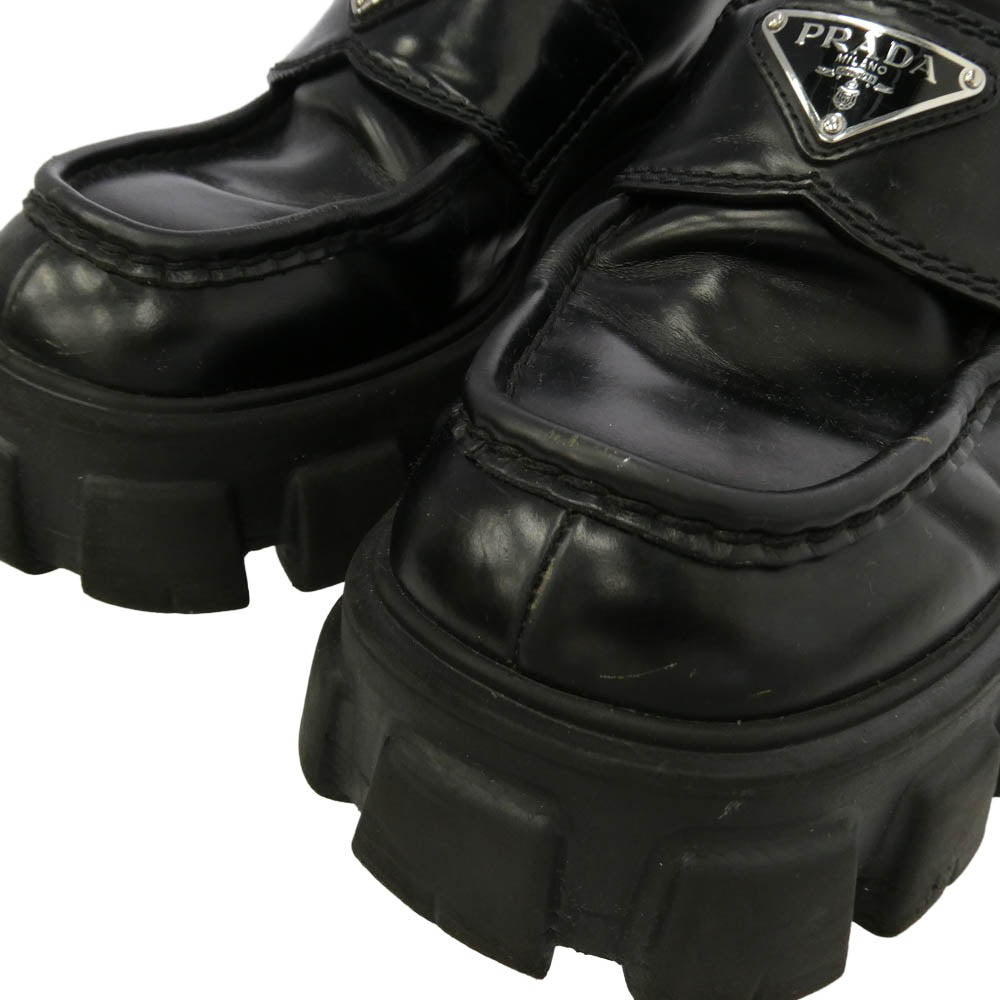 PRADA プラダ 2DE129 MONOLITH BRUSHED LEATHER LOAFERS モノリス ブラッシュド レザー ローファー シューズ ブラック系 5.5【中古】