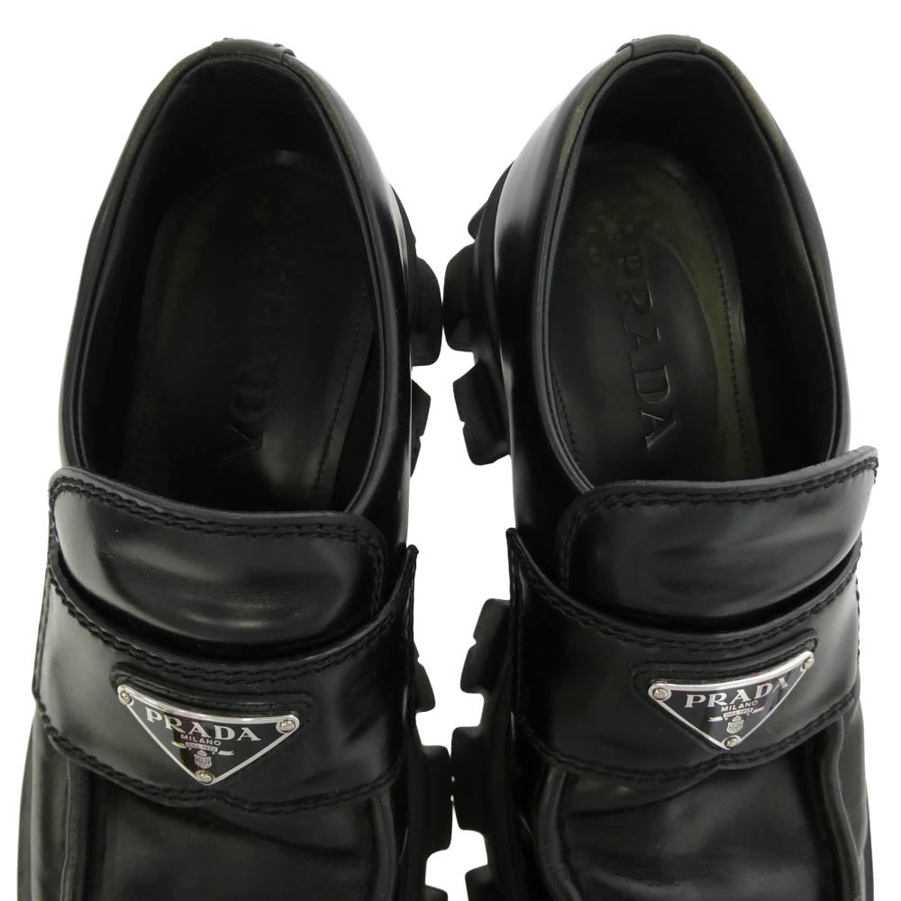 PRADA プラダ 2DE129 MONOLITH BRUSHED LEATHER LOAFERS モノリス ブラッシュド レザー ローファー シューズ ブラック系 5.5【中古】