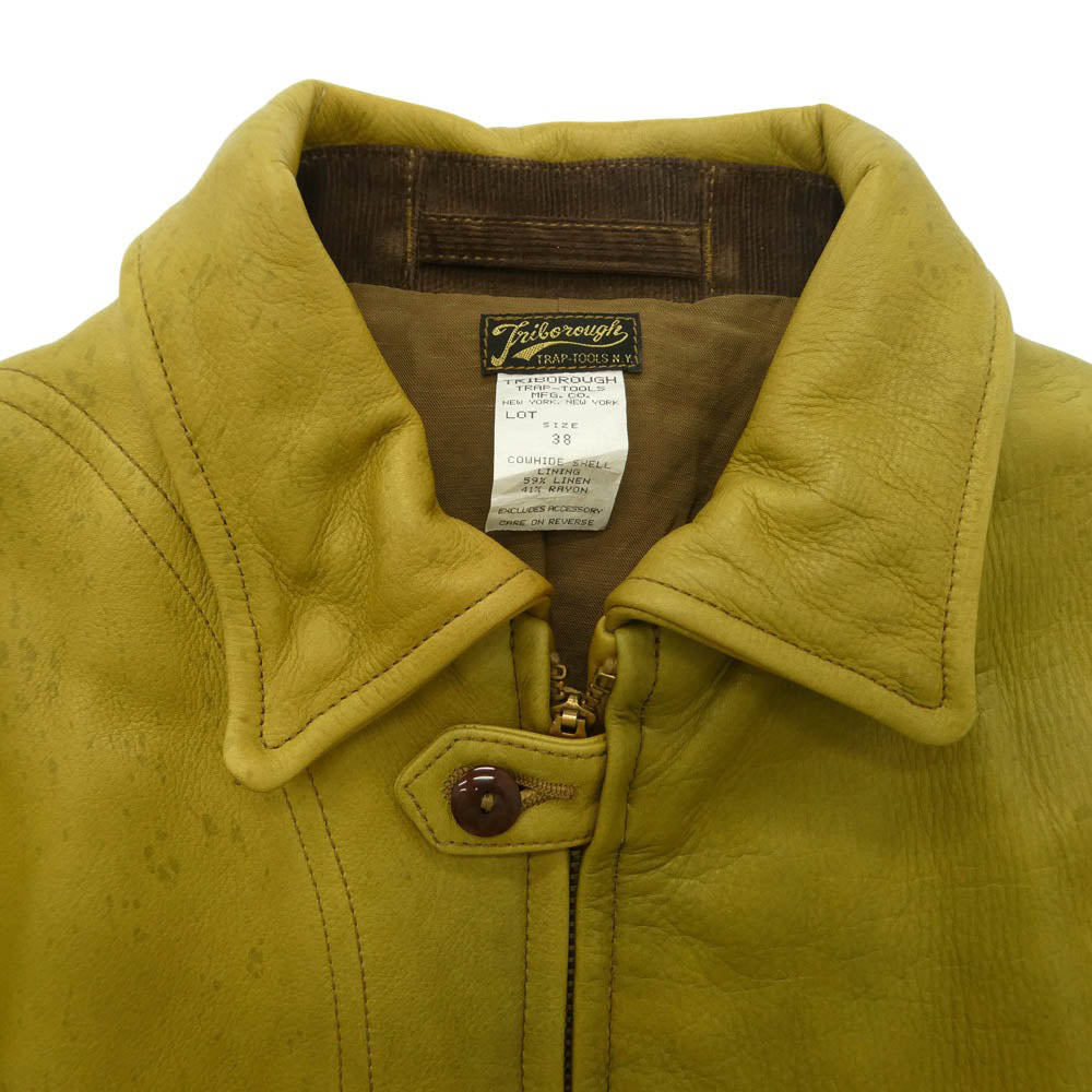 COLIMBO コリンボ TRIBOROUGH TRAP-TOOLS SHOOTING BREAK WIND LEATHER JACKET トリボラー トラップ ツールズ シューティング ブレイク ウィンド レザー ハンティング ジャケット グリーン系 イエロー系 38【中古】