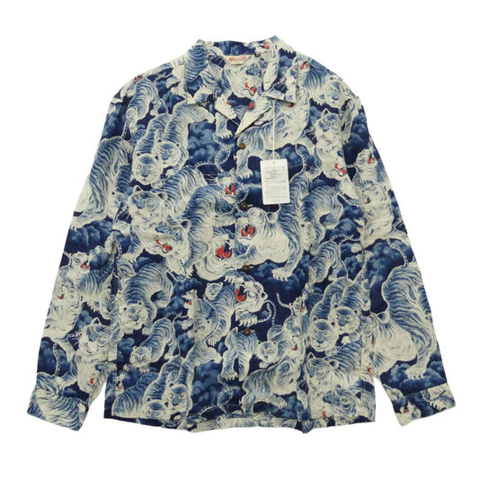 THE FLAT HEAD ザフラットヘッド FN-SCR-017L LINEN LONG SLEEVE SHIRT HYAKU TORA 百虎 総柄 オープンカラー 長袖 リネン ハワイアン シャツ ブルー系 42【新古品】【未使用】【中古】
