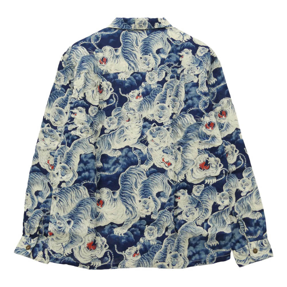 THE FLAT HEAD ザフラットヘッド FN-SCR-017L LINEN LONG SLEEVE SHIRT HYAKU TORA 百虎 総柄 オープンカラー 長袖 リネン ハワイアン シャツ ブルー系 42【新古品】【未使用】【中古】