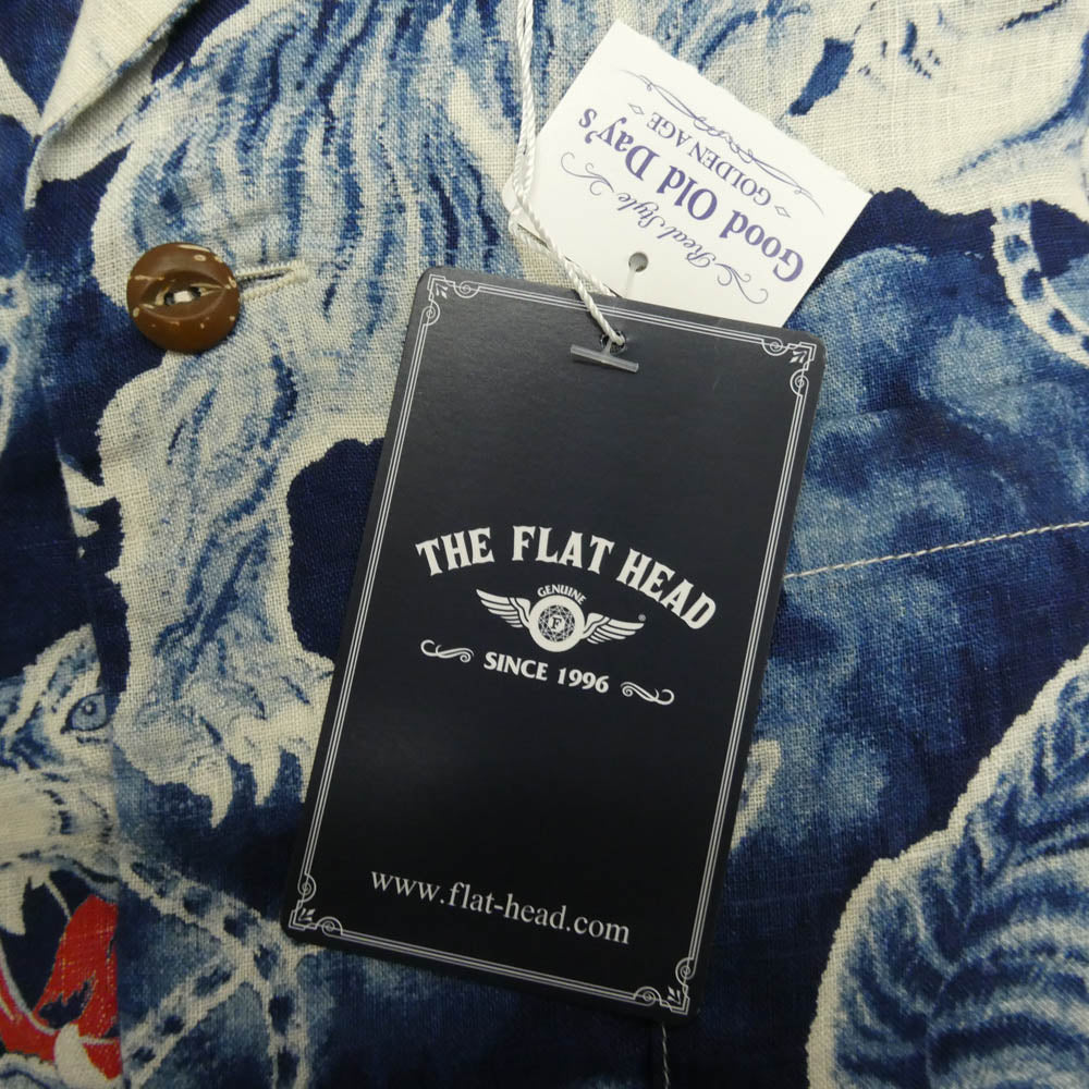 THE FLAT HEAD ザフラットヘッド FN-SCR-017L LINEN LONG SLEEVE SHIRT HYAKU TORA 百虎 総柄 オープンカラー 長袖 リネン ハワイアン シャツ ブルー系 42【新古品】【未使用】【中古】
